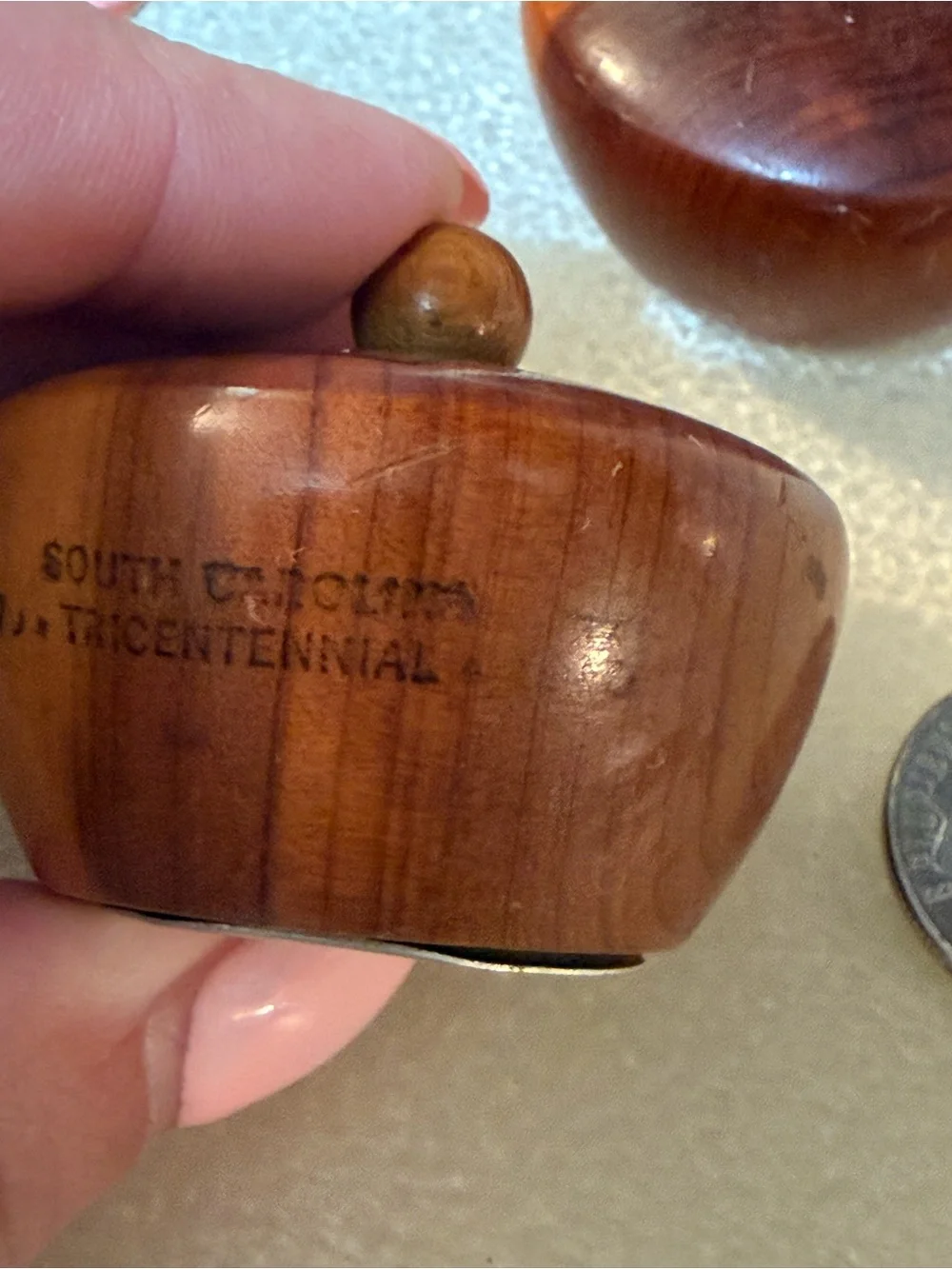 Vintage 1970 SC Tricentennial Carved Wooden Salt & Pepper Set in Warm Brown